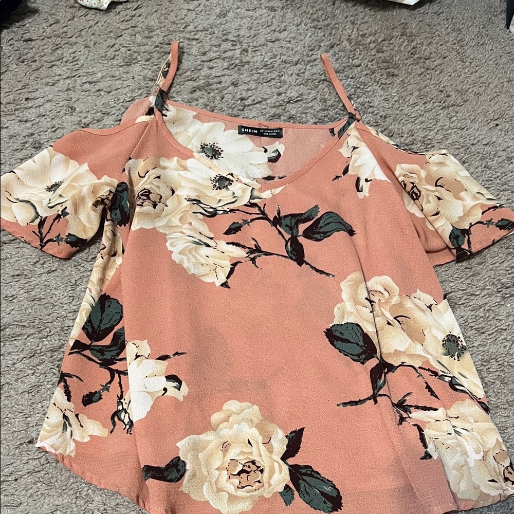 SHEIN Peach Floral Cold Shoulder Blouse